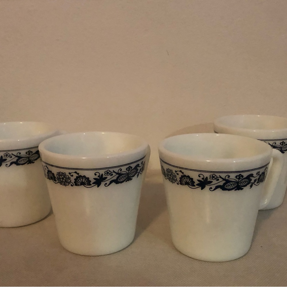Vintage Pyrex Morning Blue Coffee Tea Cups - Set Of 4 - milk glass